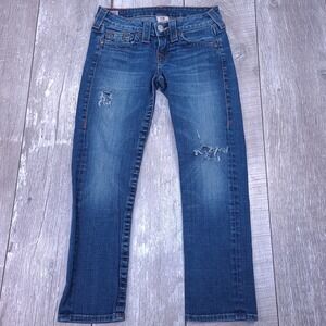 True Religion Lizzy Jeans Women 26 Blue Distressed Low Rise Crop Straight Denim